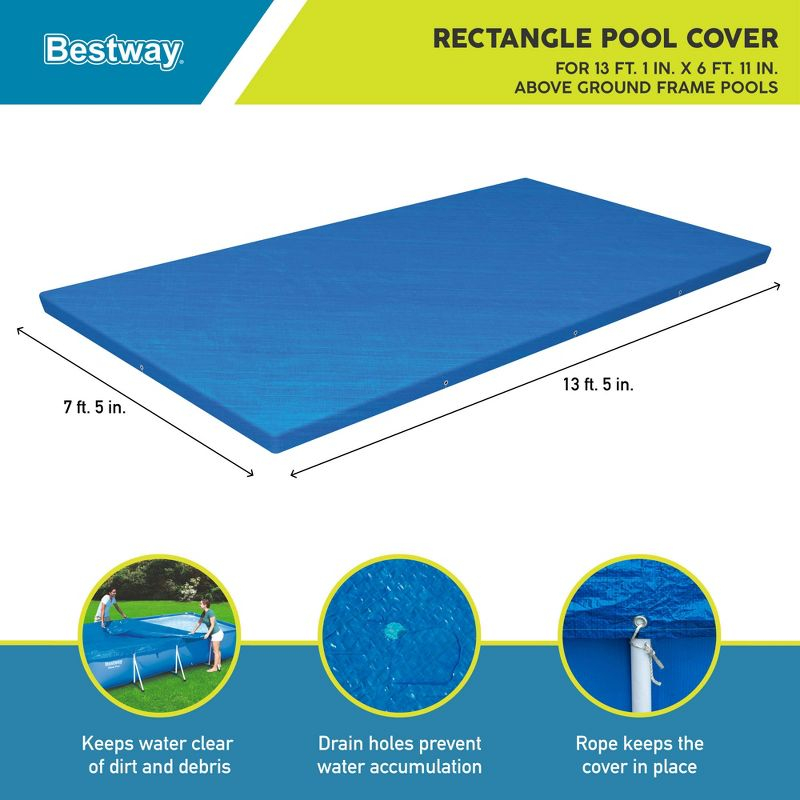 Bestway Flowclear Rectangle 13' 1" x 6' 11" Pool Cover for Above Ground Swimming Pools with Drain Holes and Tie-Down Ropes, Blue (Cover Only)