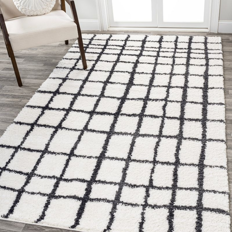 4'x6' Arenal Geometric Grid Shag Area Rug, White/Black - JONATHAN Y