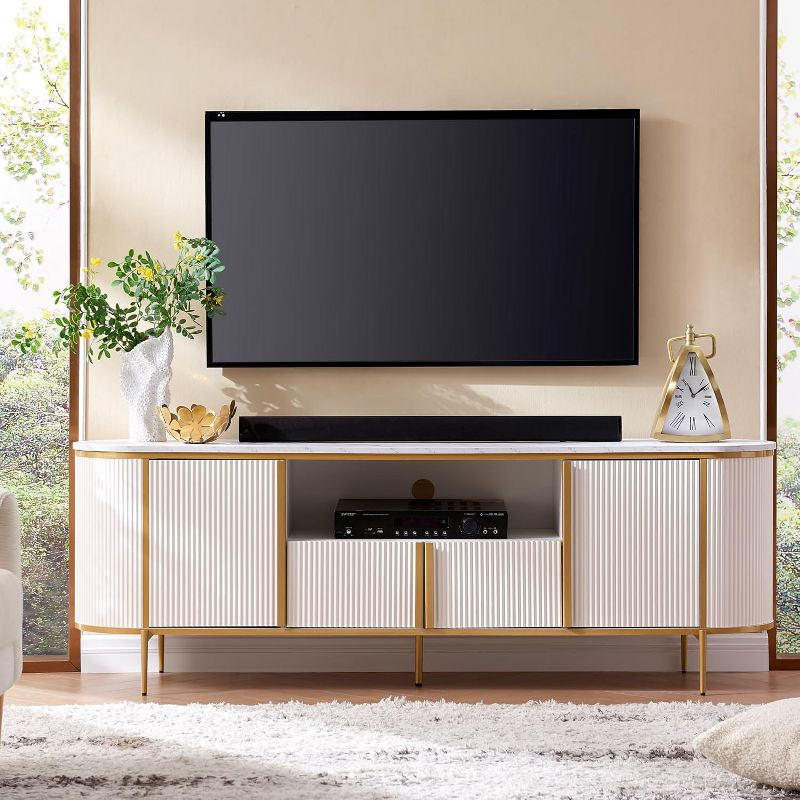 SinCiDo Luxury 70" Fluted TV Stand, Modern TV Console for TVs Up to 80 inches, Faux Marble Top & Curved Design, Off White