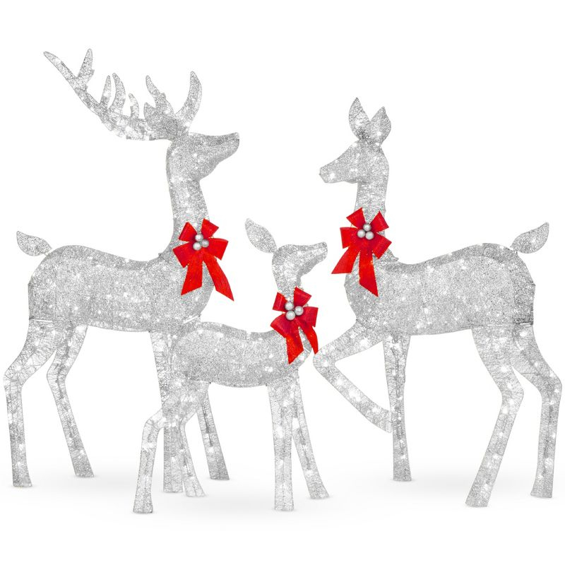 Best Choice Products 3-Piece Deer Set, Lighted Christmas Outdoor Decoration w/ 360 Lights, Stakes - Silver