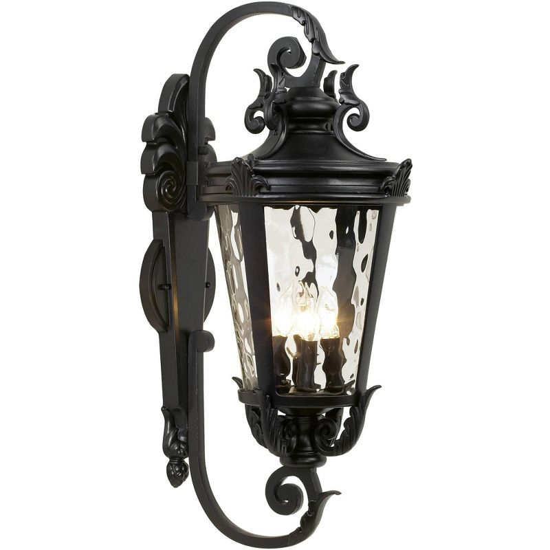 John Timberland Casa Marseille Vintage Rustic Outdoor Wall Light Fixture Black Scroll Arm 27 1/2" Clear Hammered Glass for Post Exterior Barn Deck