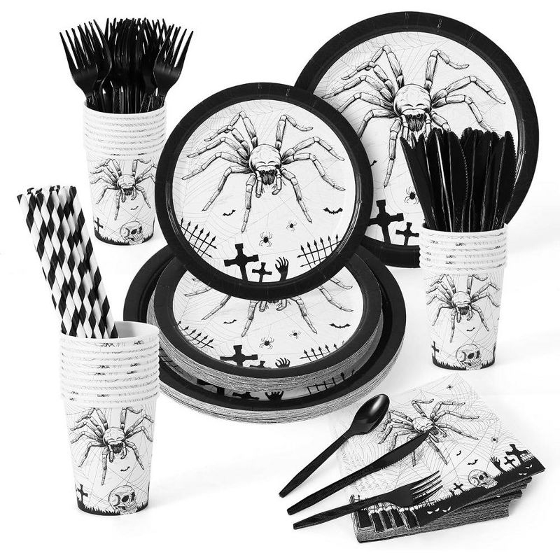 WhizMax 215 Pcs Halloween Plates and Napkins Set Serve 25, Spider Skeleton Disposable Tableware Set  - Plates, Cups, Napkins, Halloween Tableware