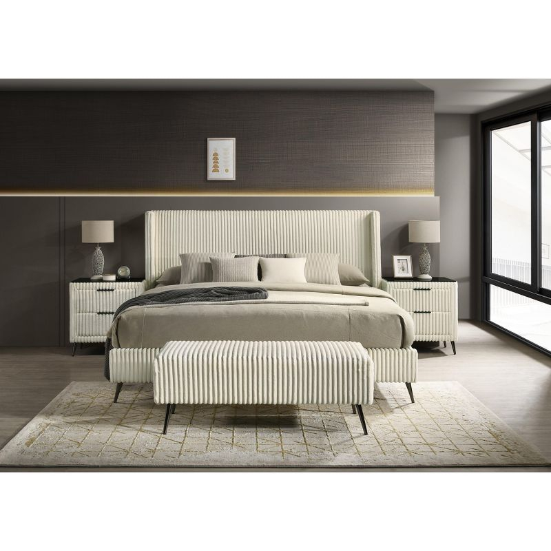 Roundhill Furniture Mavela Wide-wale Corduroy Upholstery Panel Bed with 2 Nightstands and Bench Cream Queen