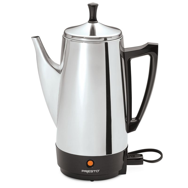 Presto Stainless Steel Coffee Maker, 12 Cup Robust Percolator Coffee Machine for Kitchens with Filter Basket and Signal Light, Silver