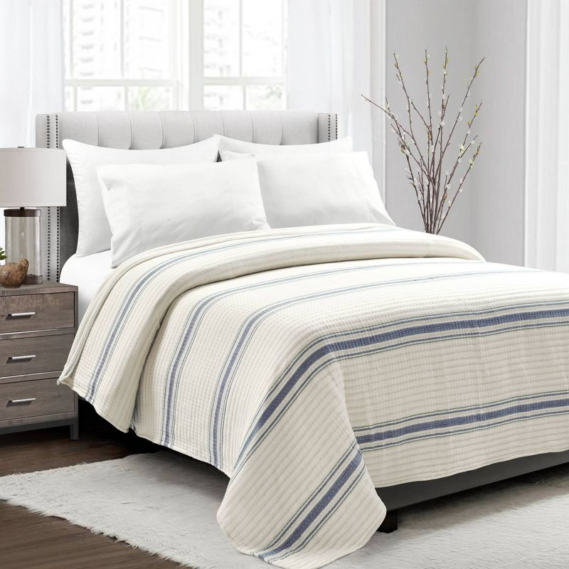 Lush Décor King Farmhouse Stripe Kantha Pick Sti Thread Counth Yarn Dyed Woven Single Quilt/Coverlet Navy: Reversible, OEKO-TEX Certified