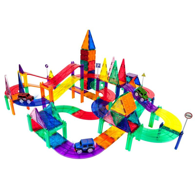 PICASSO-TILES Race Track Magnetic Tiles for Kids, 128PCS with 3 Racing Cars, Construction STEM Building Blocks Educational Toy