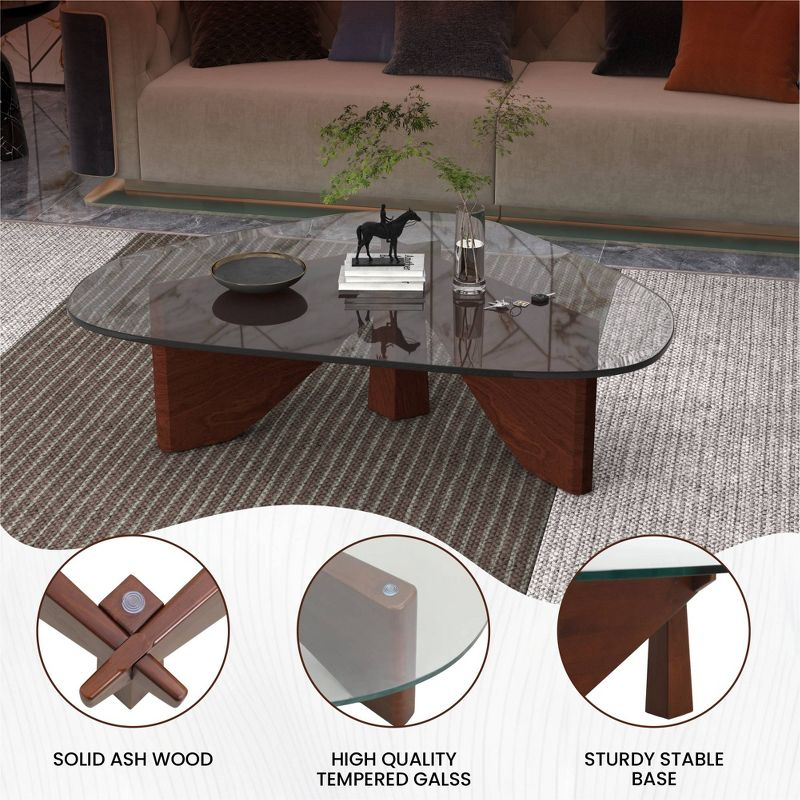 LeisureMod Imperial Collection Triangular Glass Top Coffee Table with Glossy Ash Wood Base for Home, Living Room, Office