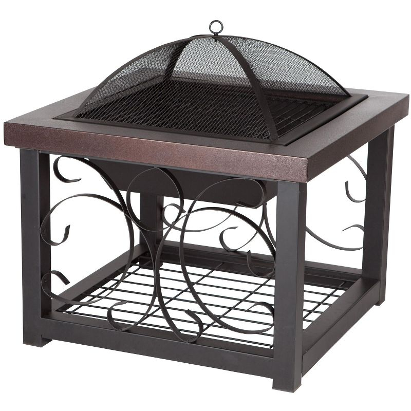 Fire Sense Fire Pit Cocktail Square Table Wood Burning Mesh Spark Screen Wood Grate with Storage Rack – Hammered Bronze Finish