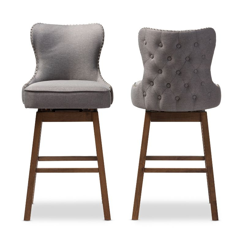 Gradisca Swivel Barstools with Button-Tufting & Nail Heads Trim: Polyester Upholstery - Baxton Studio