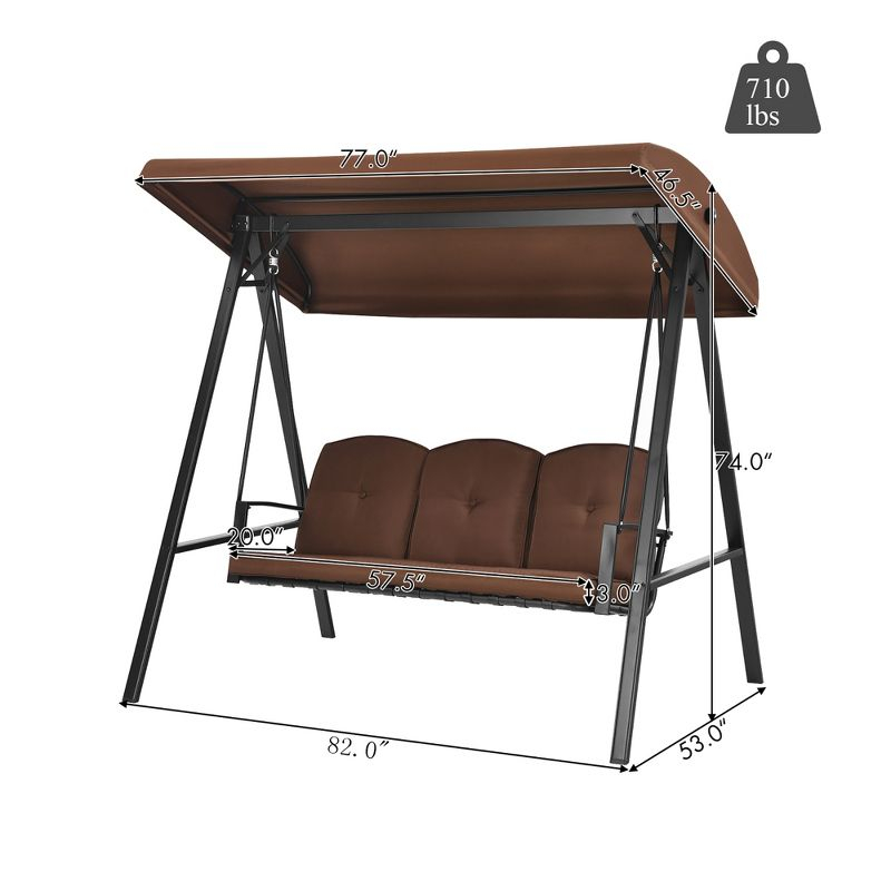 Costway Outdoor 3-Seat Porch Swing with Adjust Canopy and Cushions Brown