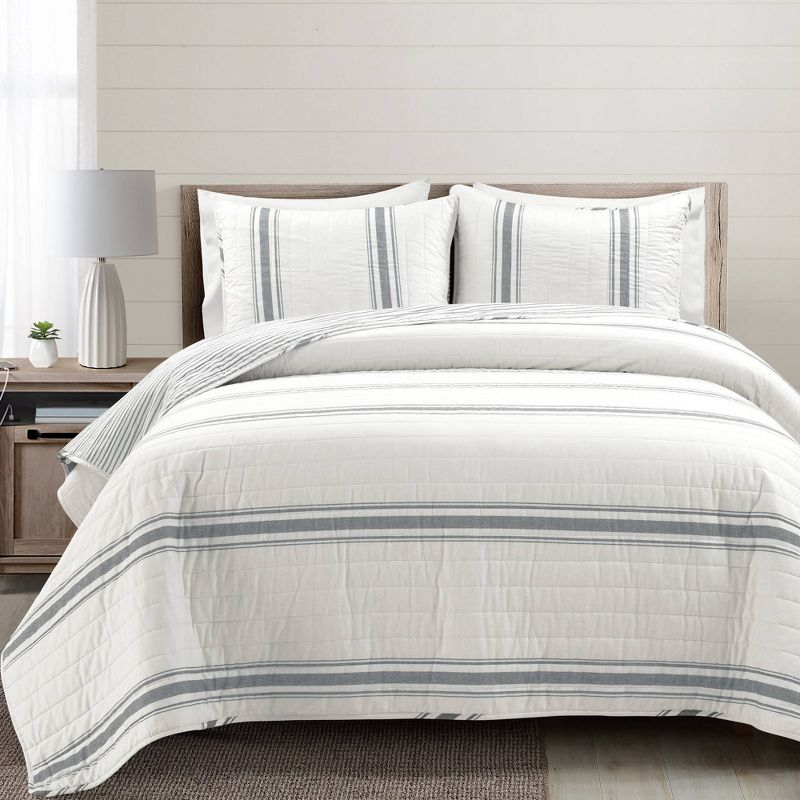 3pc Full/Queen Farmhouse Striped Reversible Quilt Bedding Set Dark Gray - Lush Décor: Cotton & Microfiber, Machine Washable
