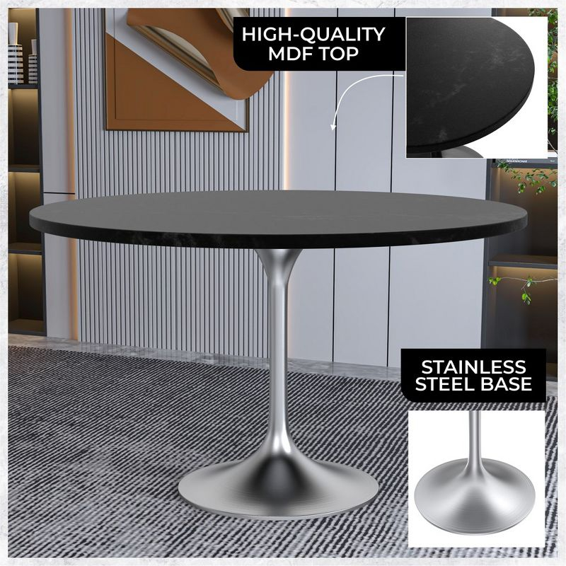 LeisureMod Verve Mid-Century Modern 48" Round Table with MDF Top and Brushed Chrome Pedestal Base for Dining Room and Kitchen in Black