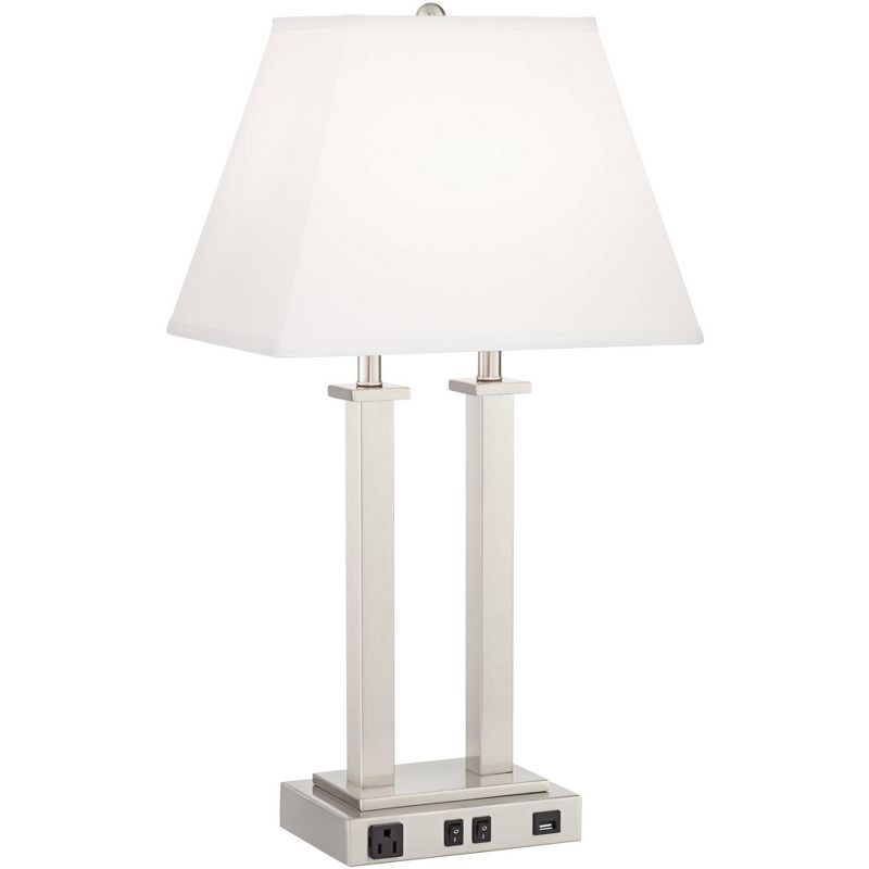 Possini Euro Design Amity Modern Table Lamp 26" High Brushed Nickel with USB and AC Power Outlet in Base White Linen Shade for Bedroom Bedside Desk