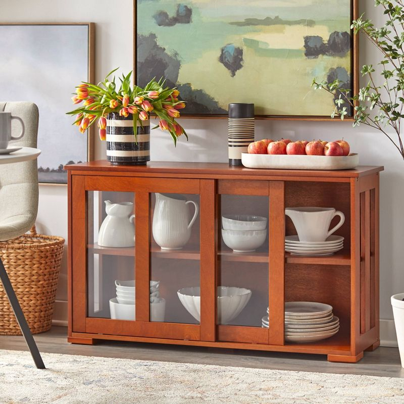 Buylateral Pacific Modular Design Stackable Cabinet with Sliding Glass Doors Walnut: Tempered Glass, Adjustable Shelf, MDF