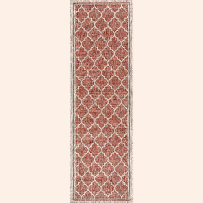 2' X 10' Trebol Moroccan Trellis Textured Weave Indoor/Outdoor Runner Rug, Red/Beige - JONATHAN Y