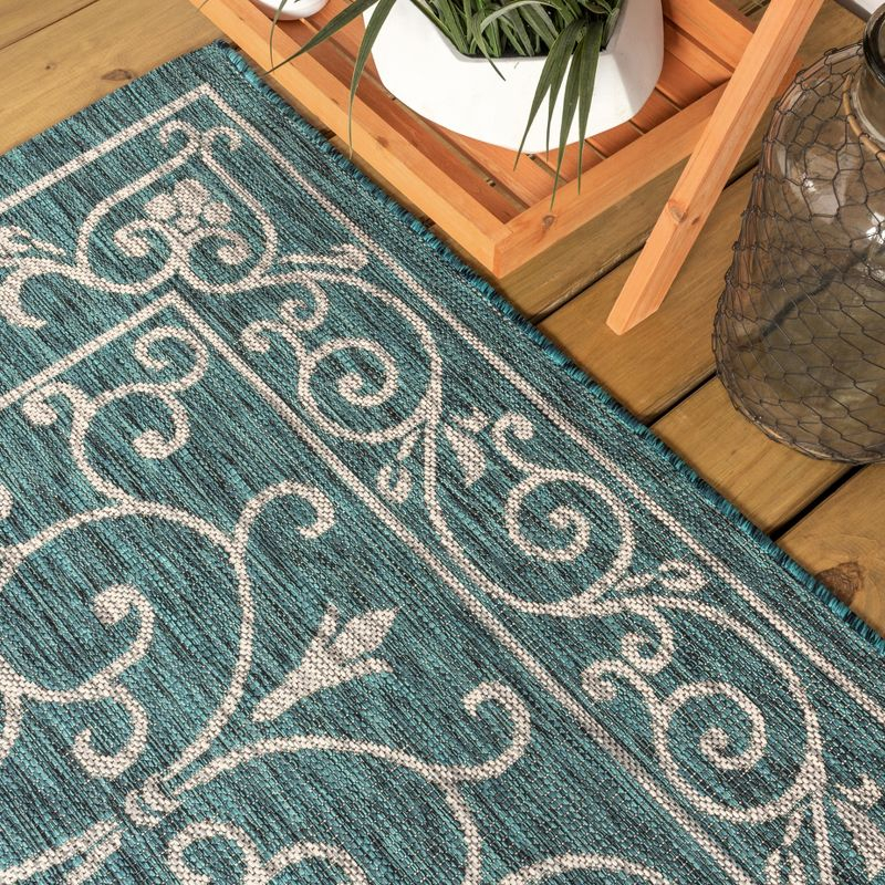 5' Square Charleston Vintage Filigree Textured Weave Indoor/Outdoor Area Rug, Teal/Gray - JONATHAN Y
