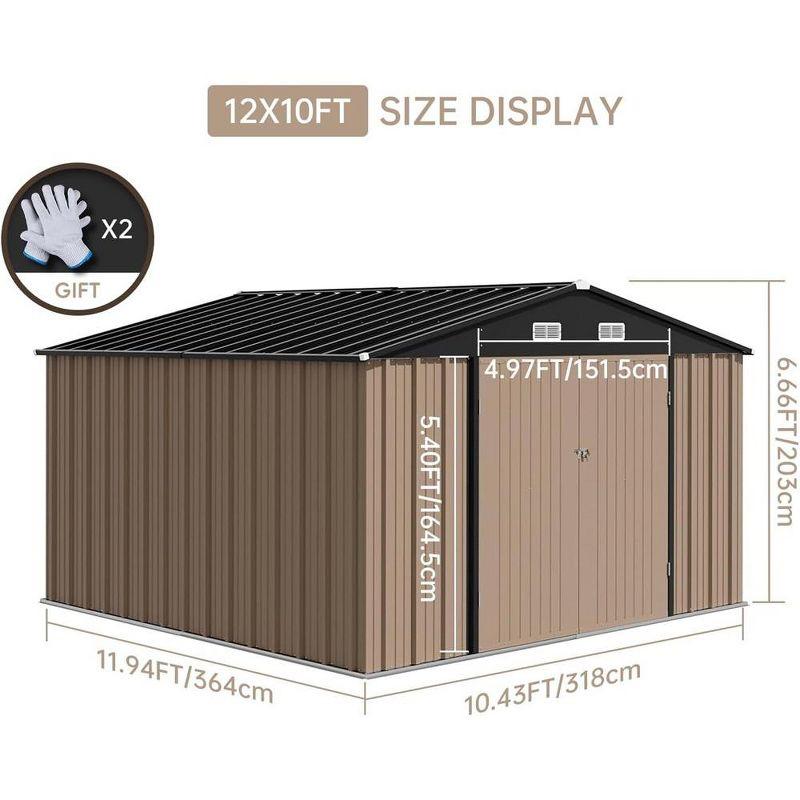 12x10 FT Outdoor Metal Storage Shed Garden Tool House With Lockable Doors and Vent Brown