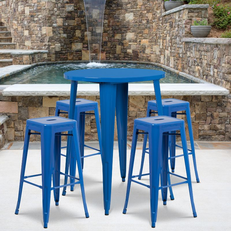 Flash Furniture Commercial Grade 30" Round Blue Metal Indoor-Outdoor Bar Table Set with 4 Square Seat Backless Stools
