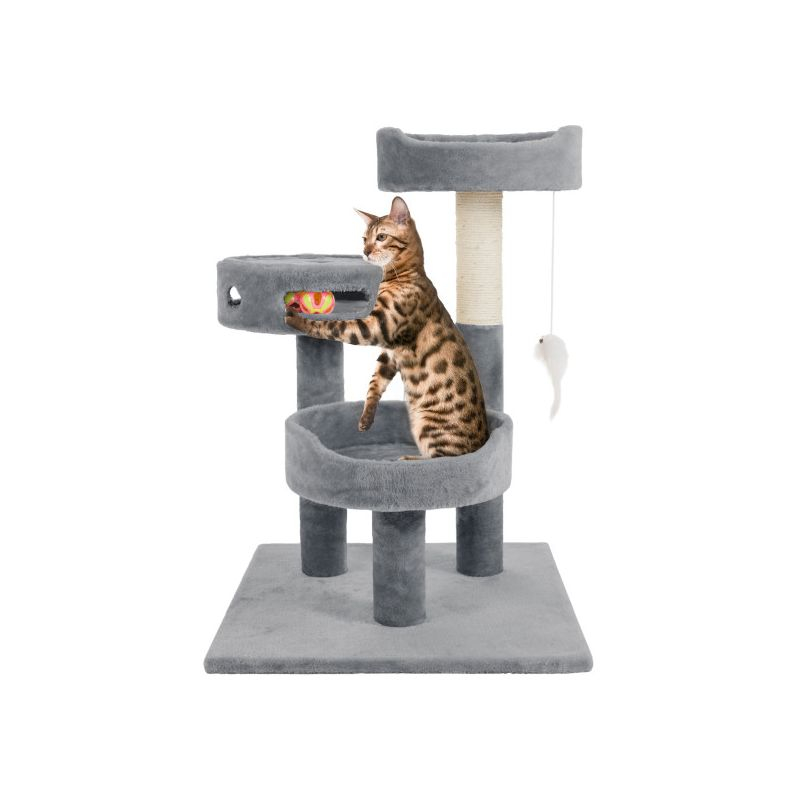 3-Tier Cat Tower with Sisal Rope Scratching Post, 2 Carpeted Napping Perches, Hanging Mouse, and Interactive Toy for Indoor Cat Use by PETMAKER (Gray)