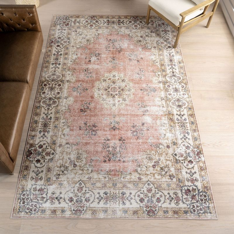 Nuloom Teja SplashGuard Persian Medallion Machine Washable Area Rug, 4' x 6', Teja Peach