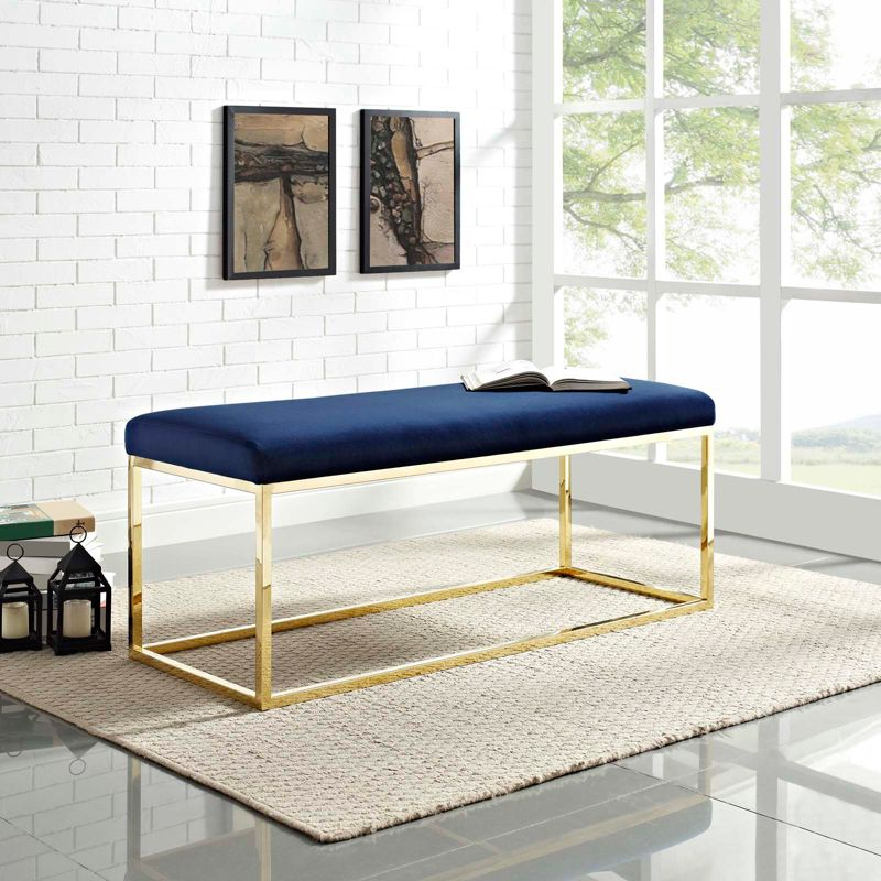 Modway Anticipate Fabric Bench – Gold/Navy – Upholstered Entryway or Bedroom Bench with Modern Metal Frame and Padded Seat