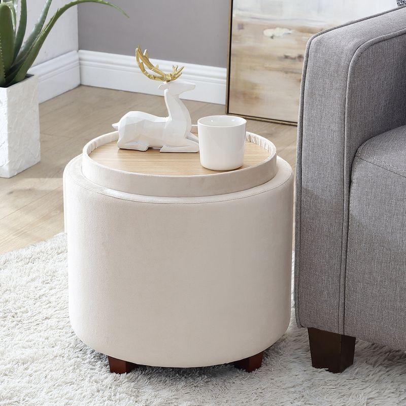 Ornavo Home Lawrence Round Storage Ottoman with Table Top Lid - Velvet Cream