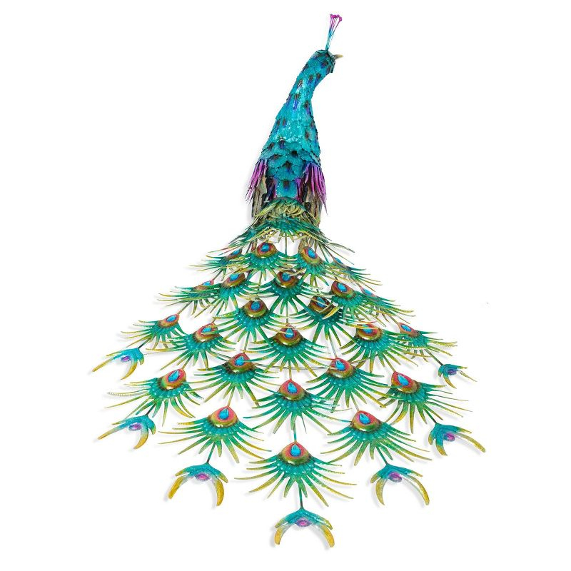 Alpine Corporation Jumbo Size Blue Majestic Tail Down Peacock Décor: 53"L Iron Garden Statue