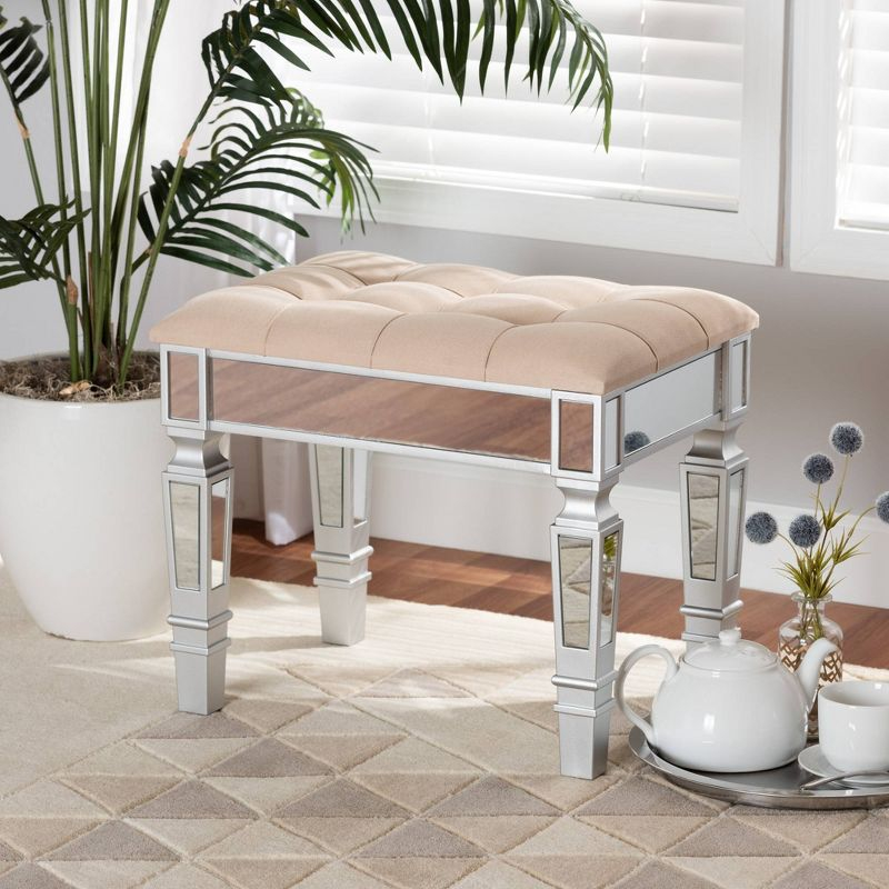 Baxton Studio Hedia Fabric Upholstered and Wood Ottoman Beige/Silver : Rectangular Footstool, Entryway Seating