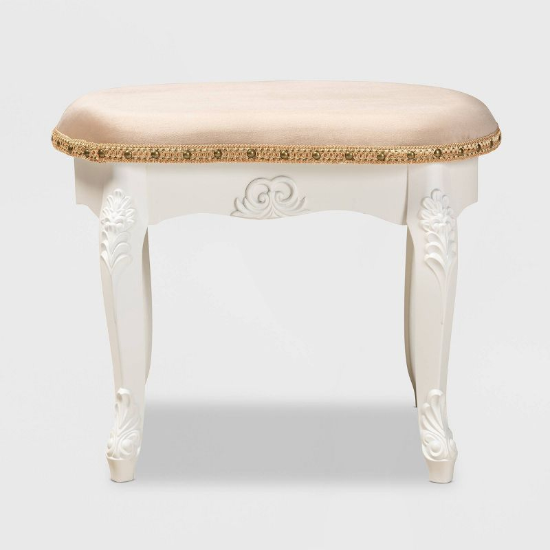 Gabrielle Velvet Fabric Upholstered Wood Vanity Ottoman Sand/White/Gold - Baxton Studio: French-Inspired, Brass Nailhead Detail, Cabriole Legs