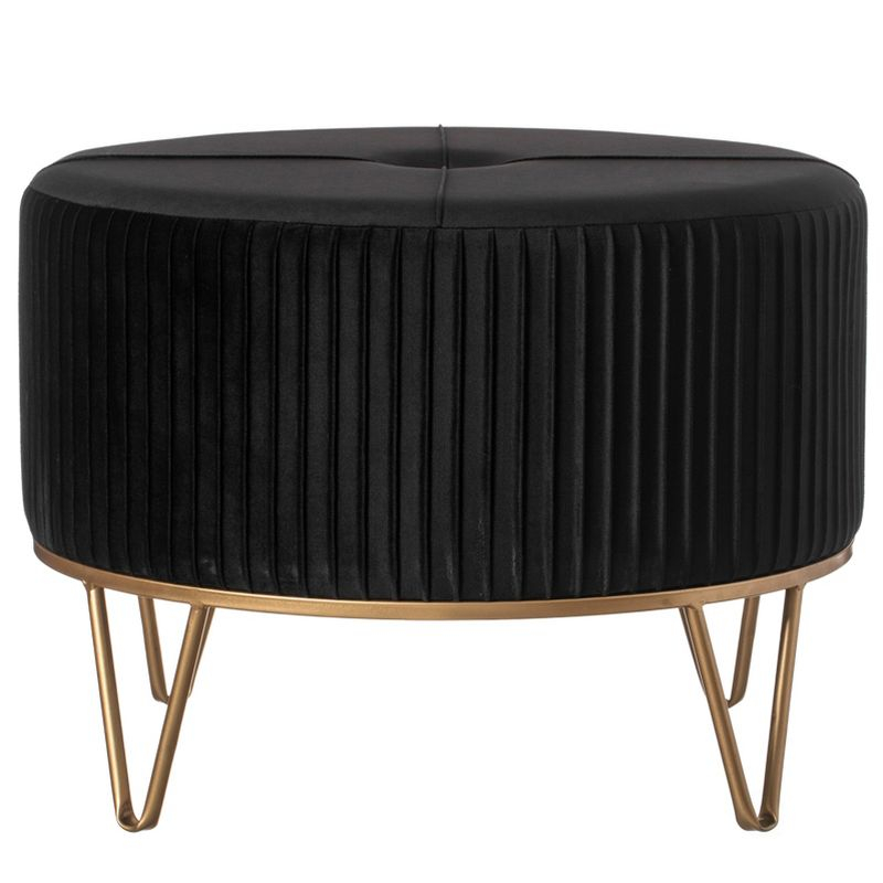 Fabulaxe Round Velvet Ottoman Stool Raised with Hairpin Gold Base, Black, Large