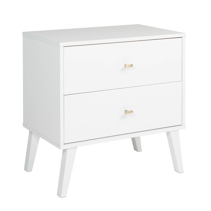 Mid Century Modern 2 Drawer Wide Nightstand White - Prepac: Sleek Bedside Table, Tapered Legs