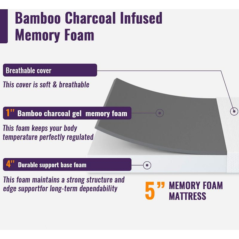 FDW 5 inch Full Bamboo Charcoal Memory Foam Mattress Breathable Bed Mattress for Cooler Sleep Supportive & Pressure Relief,White Full