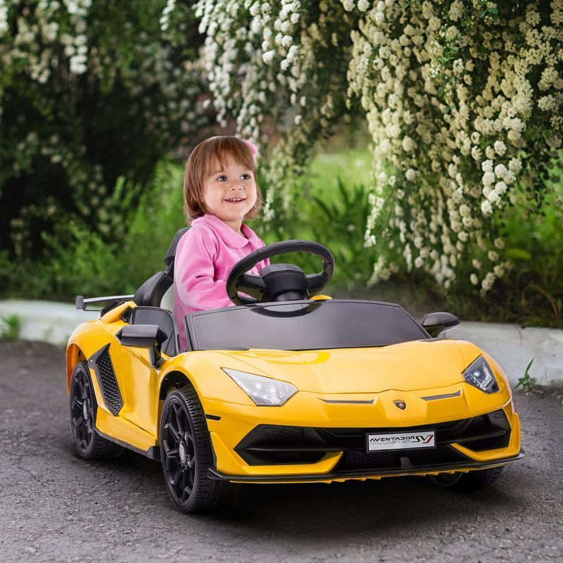 Aosom Lamborghini Aventador 12V Licensed Kids Ride on Car with Scissor Doors, Easy Transport, Remote, Suspension System, Horn, Music, Lights, Yellow
