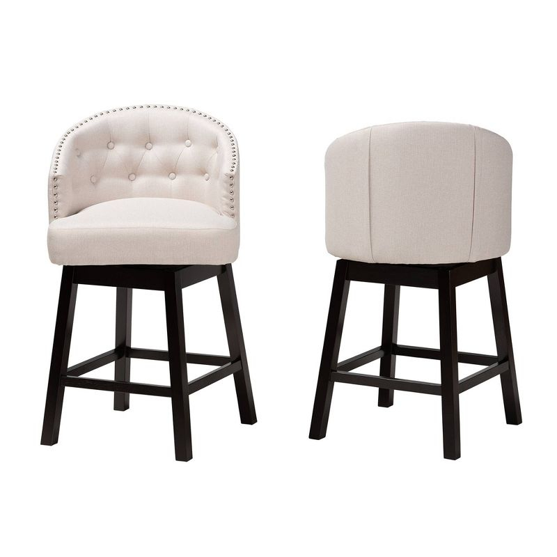 2pc Theron Fabric and Wood Swivel Counter Height Barstools Set Beige/Espresso Brown - Baxton Studio: Upholstered, Rubberwood Frame, Fixed Height