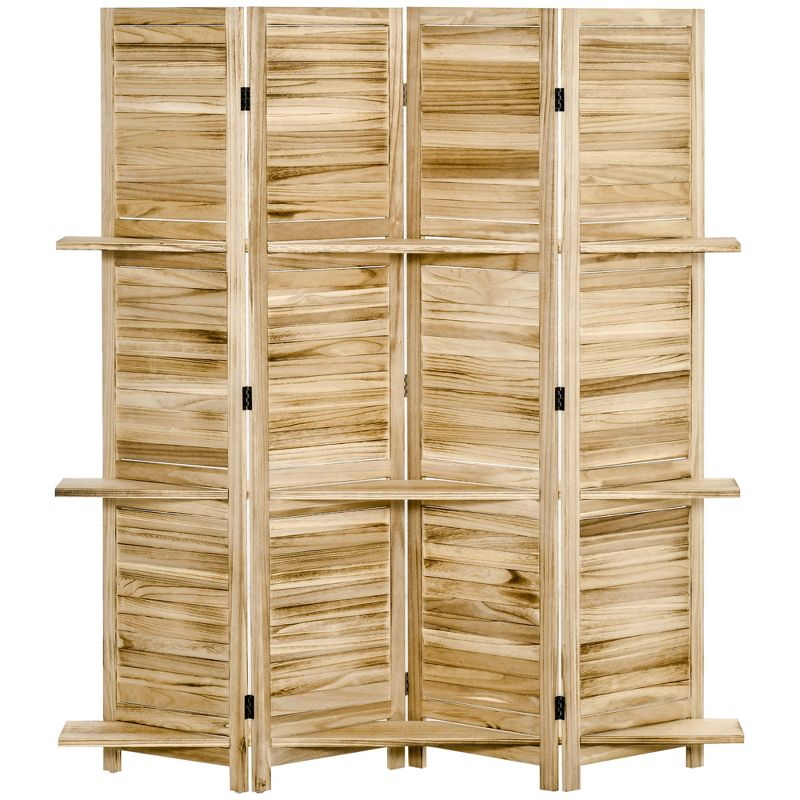 HOMCOM 4-Panel Folding Room Divider, 5.6 Ft Freestanding Paulownia Wood Privacy Screen Panel with Storage Shelves for Bedroom or Office, Natural