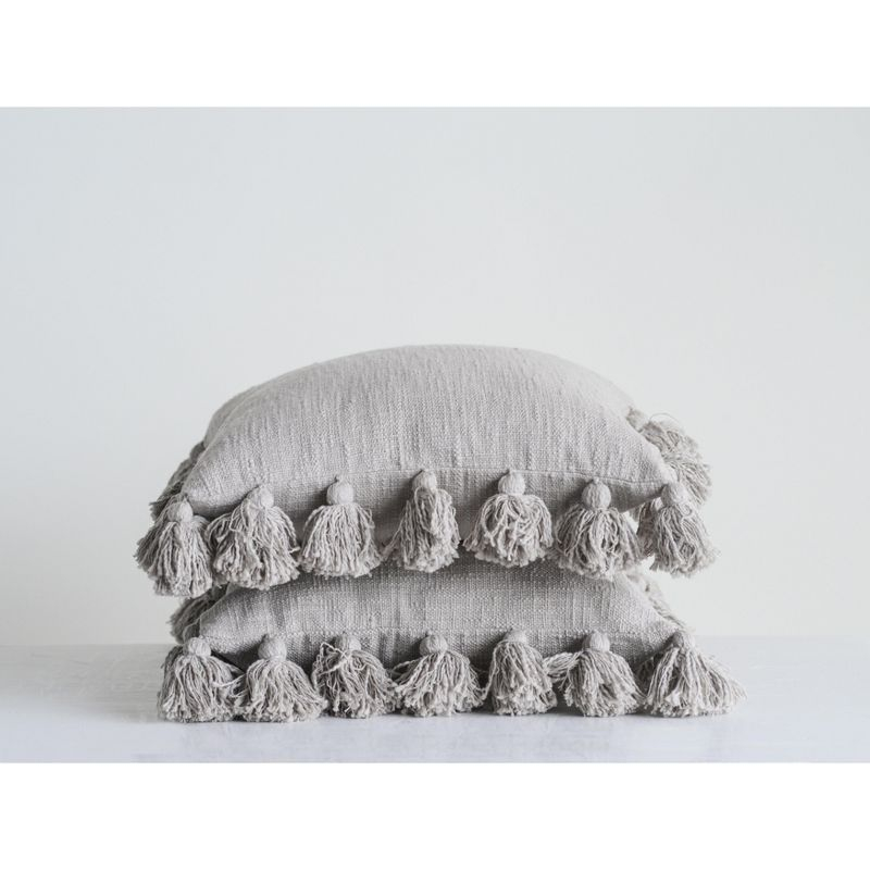Storied Home Woven Cotton Slub Pillow with Tassels, Grey