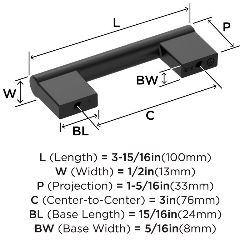 Amerock Versa 3 inch (76mm) Center-to-Center Matte Black Cabinet Pull