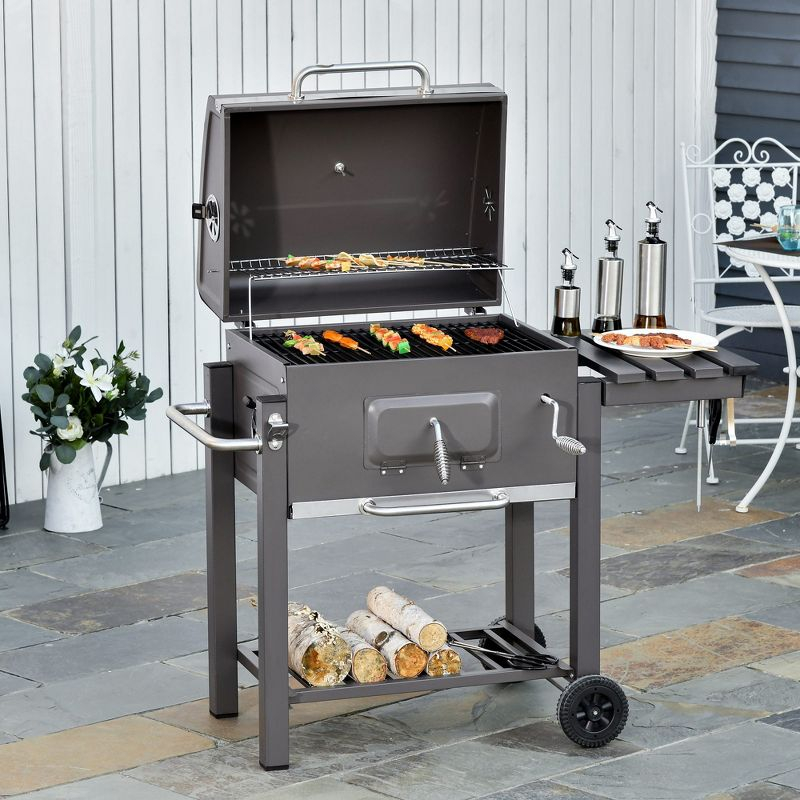 Outsunny Charcoal BBQ Grill, Outdoor Portable Cooker for Camping or Backyard Picnic with Side Table, Bottom Storage Shelf, Wheels and Handle, Gray