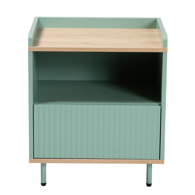 Tavita Two-Tone Wood 1 Drawer End Table Oak Brown/Mint Green - Baxton Studio: Side Table with Storage Shelf