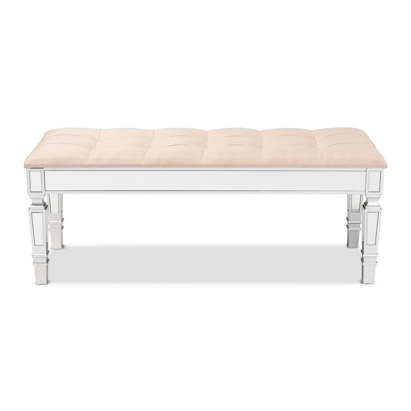 Hedia Fabric Upholstered and Wood Accent Bench Beige/Silver - Baxton Studio: Mirrored Glass, Foam-Padded, Button-Tufted