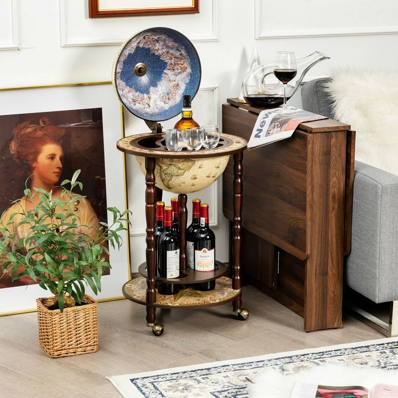 Tangkula 17" Wood Globe Wine Bar Stand 16th Century Italian Rack Liquor Bottle Shelf Cart