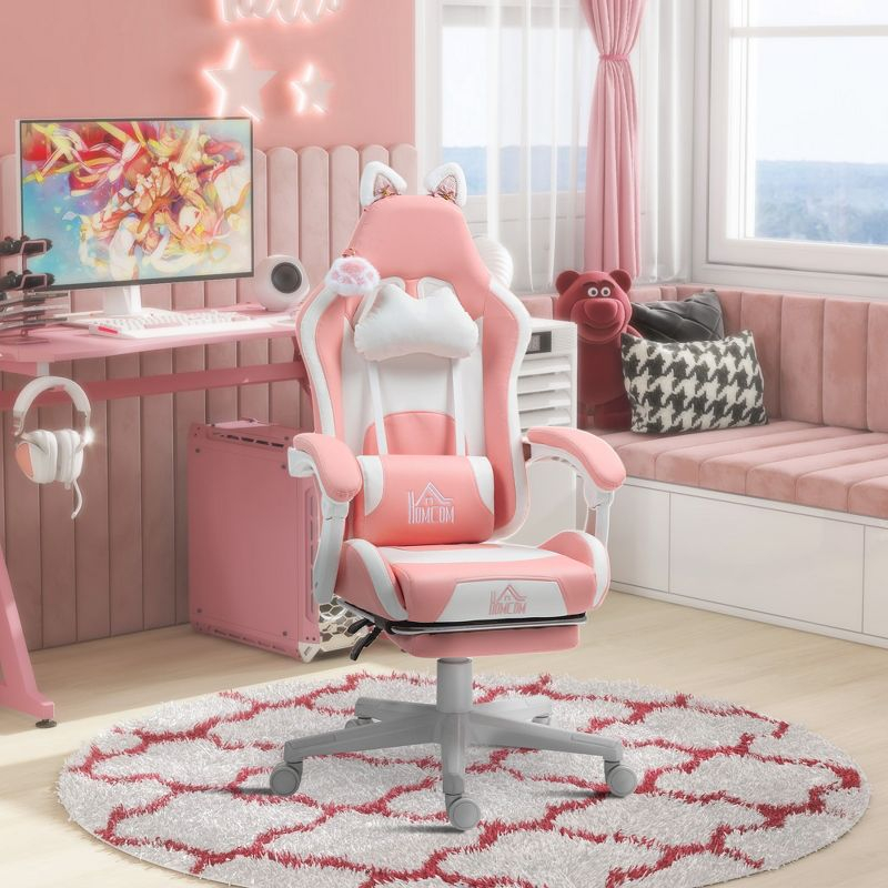 HOMCOM Cute Gaming Chair, Reclining Computer Chair with Footrest, Headrest, Lumbar Support, Height Adjustable Faux Leather Swivel Gamer Chair, Pink