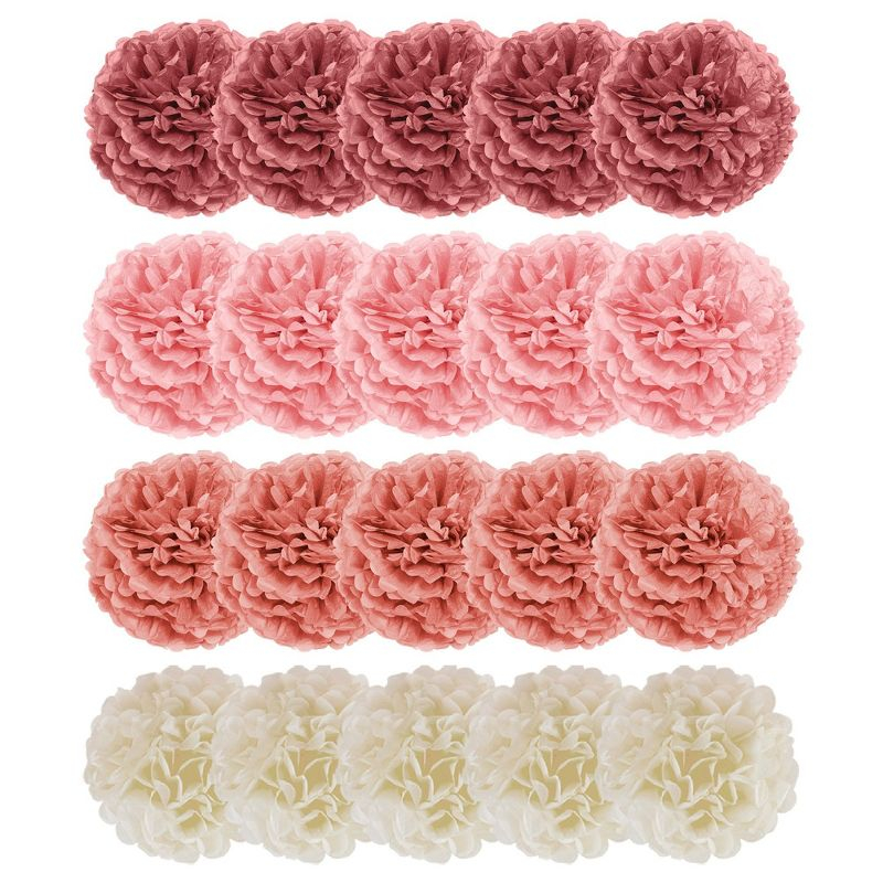 EpiqueOne 20 Piece Tissue Paper Pom Poms Party Kit - Colorful Paper Flower Wall Decorations - Pink Rose