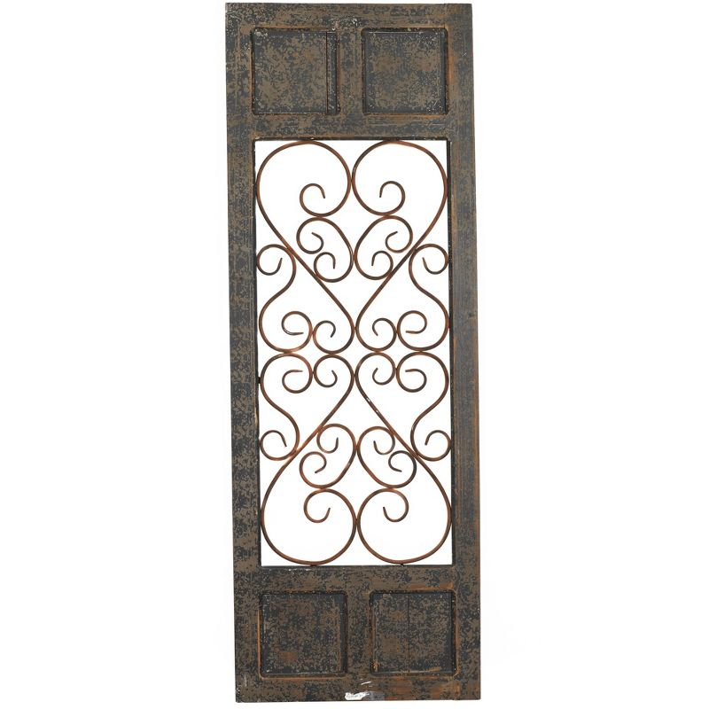 Olivia & May Traditional Wood Scroll Window Inspired Wall Decor with Metal Scrollwork Relief Brown: Vertical Iron Frame, Carved Art Object
