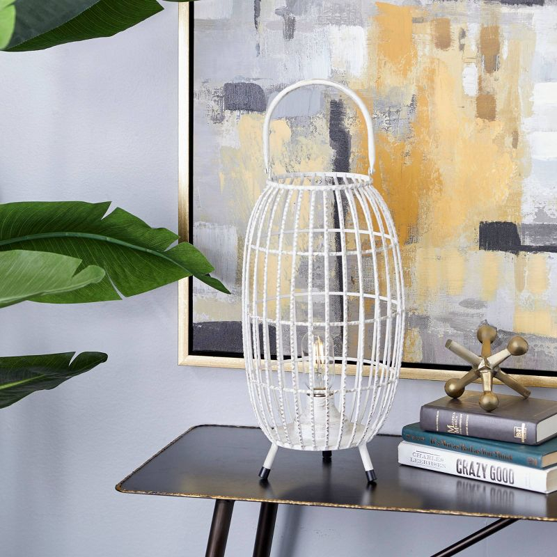 16" x 8.5" Oval Modern Metal Caged Candle Holder with Led Light Bulb Center White - Olivia & May