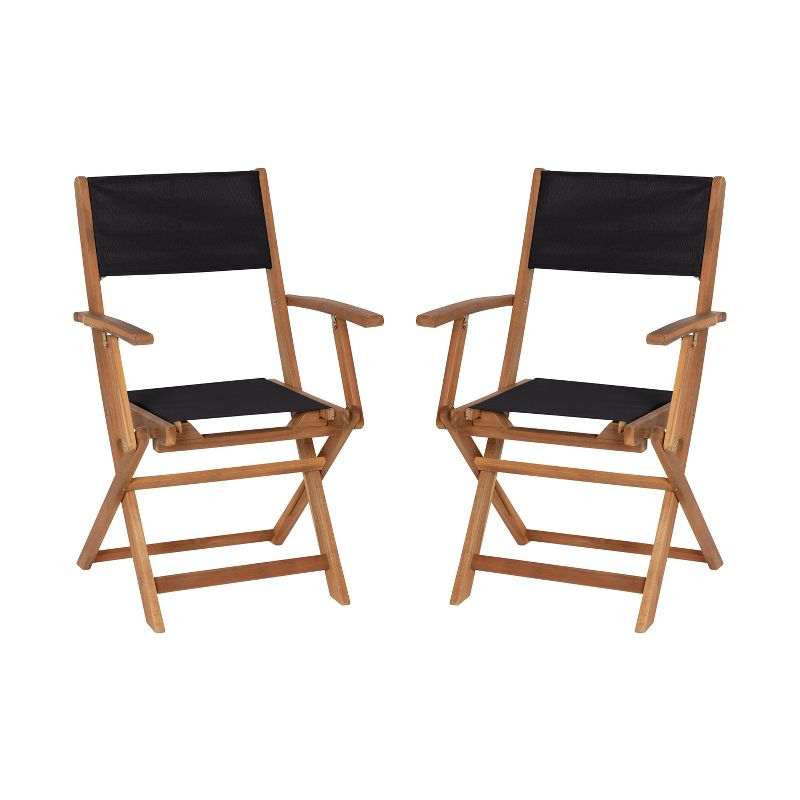 Flash Furniture 2PK All-Weather Acacia Wood and Mesh Folding Bistro Armchairs - Natural/Black