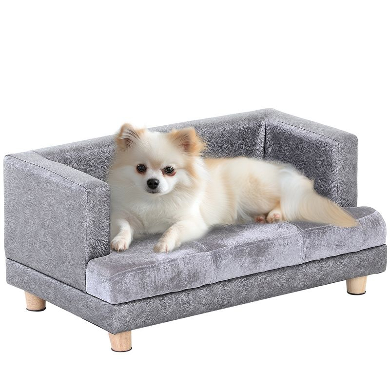 PawHut Luxury Fancy Dog Bed for Small Dogs, Small Dog Couch with Soft Fuzzy & Faux Leather Combo, Dog Sofa Bed, Rectangle Modern Furniture, Puppies