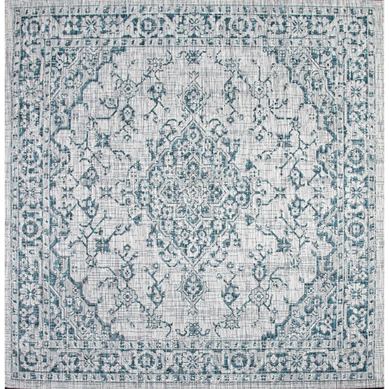 5' Square Rozetta Boho Medallion Textured Weave Indoor/Outdoor Area Rug, Gray/Teal - JONATHAN Y
