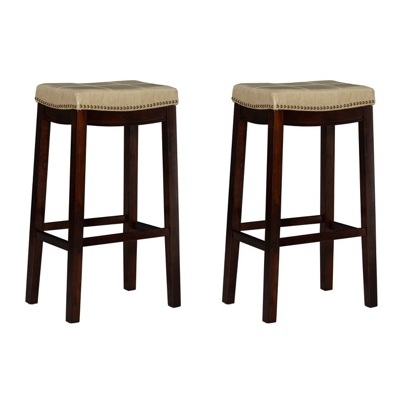 Set of 2 Claridge Faux Leather Nailhead Backless Saddle Barstools Beige - Linon: Upholstered, Rubberwood Legs, Footrest