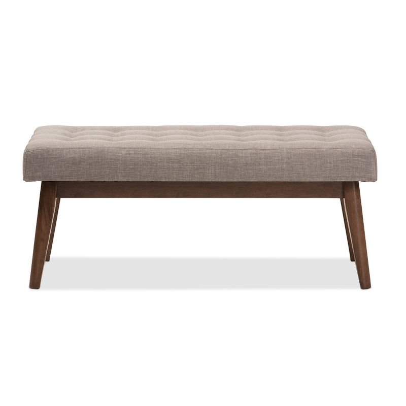 Elia Mid Century Modern Walnut Wood Fabric Button Tufted Bench Light Gray - Baxton Studio